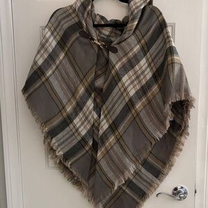 Modena Plaid Hooded Poncho in Taupe and Mustard one size